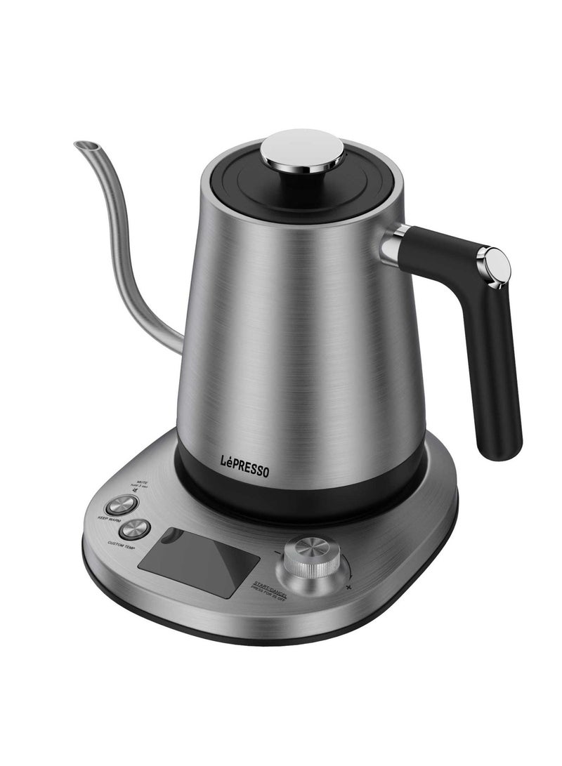 LePRESSO 800ml Pour-Over Electric Kettle 850W Rated Power with Temperature Control & Keep Warm Mode, Long Narrow Spout, Built-in Safeguard, Stainless Steel Material - Grey - Image 1